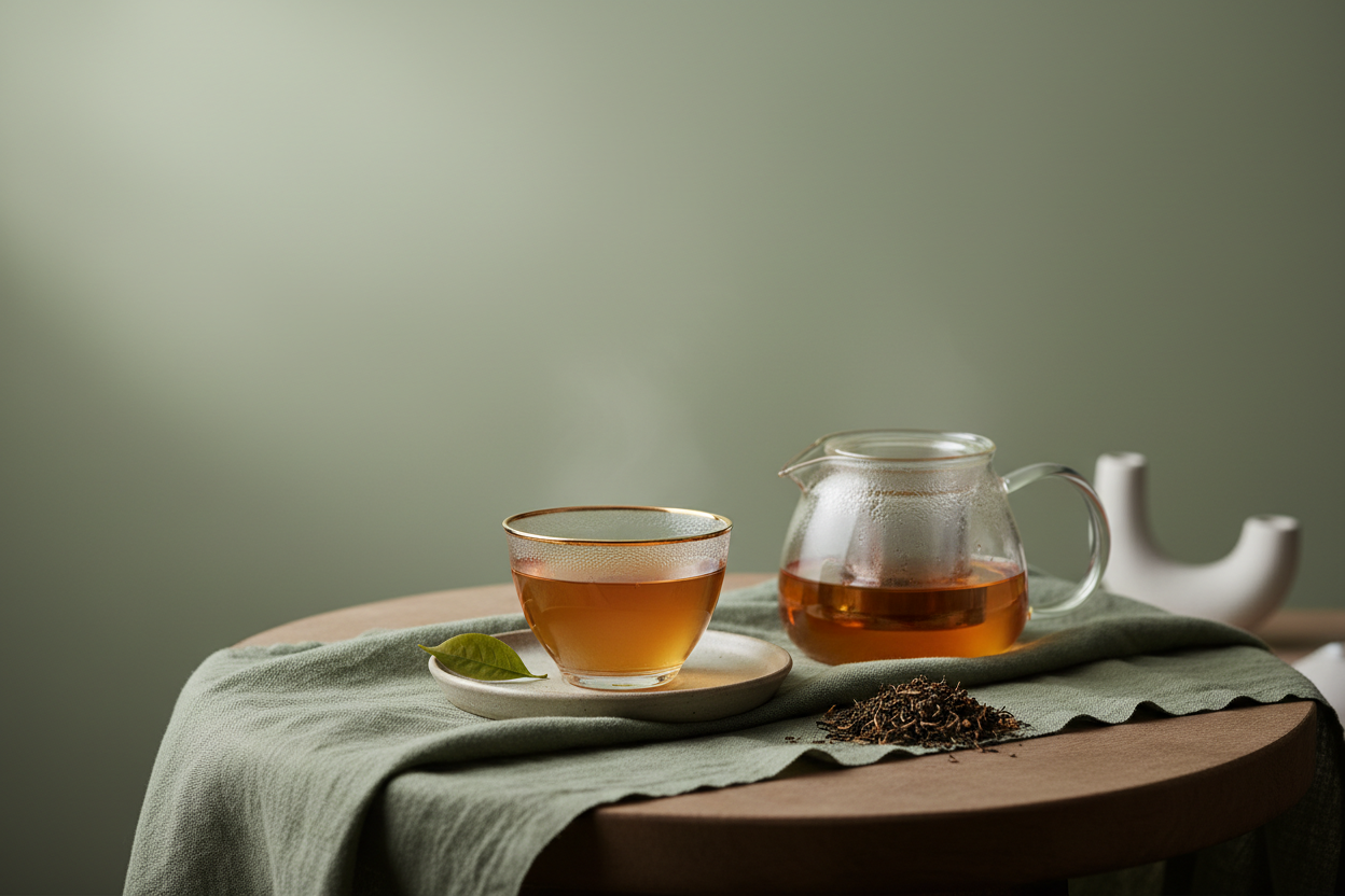 Premium tea setup on sage green background