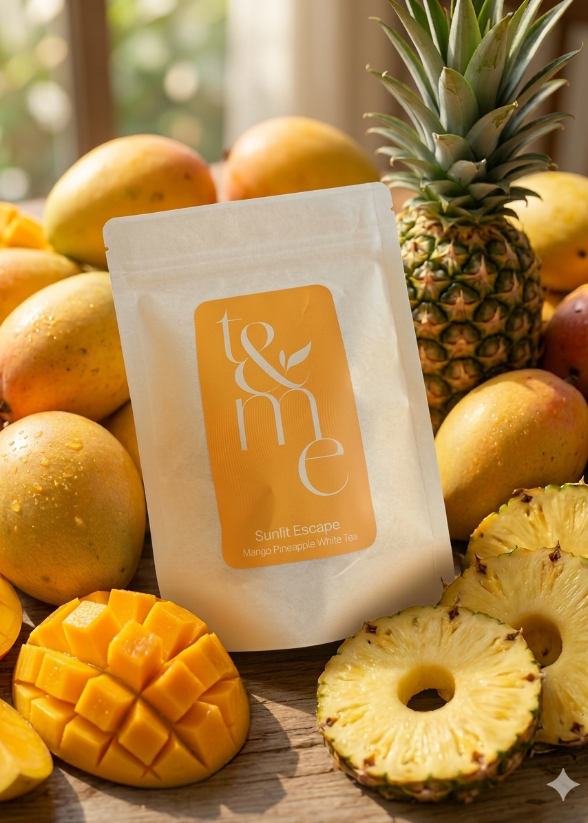 Packaging of tea, with fruits including mangoes and pineapples on a wooden surface.