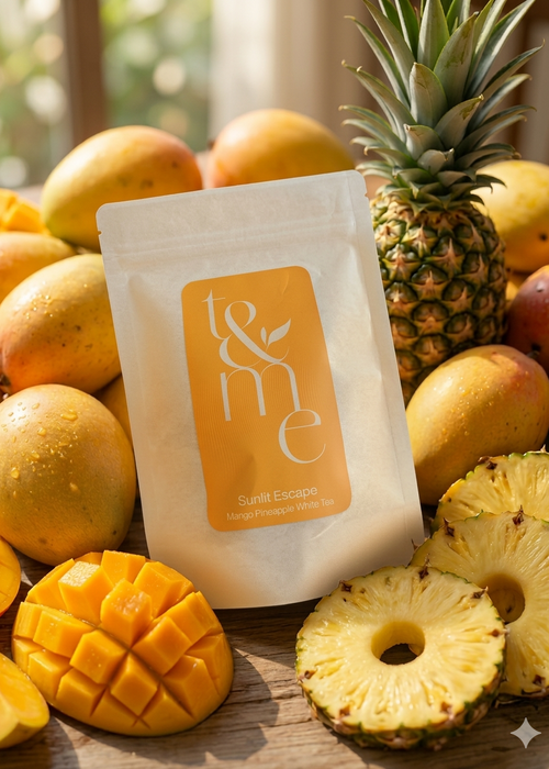 Packaging of tea, with fruits including mangoes and pineapples on a wooden surface.