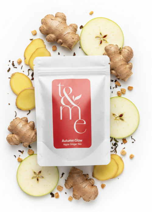Tea package with apples and ginger on a white background
